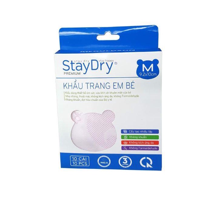 Hộp 10 Khẩu Trang Gấu Stay Dry Size S M Cho Bé