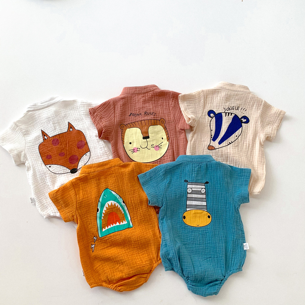 Bộ Áo Liền Quần Cotton Tay Ngắn In Họa Tiết Hoạt Hình Động Vật Dễ Thương Dành Cho Bé Trai 0-18 Tháng Tuổi