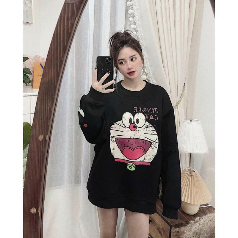 Áo Hoodie Nữ Ms.6880 Áo Dáng Suông Rộng Chùm Mông Tone Đen In Họa Tiết Hoạt Hình, Chất Nỉ Bông Dày Dặn
