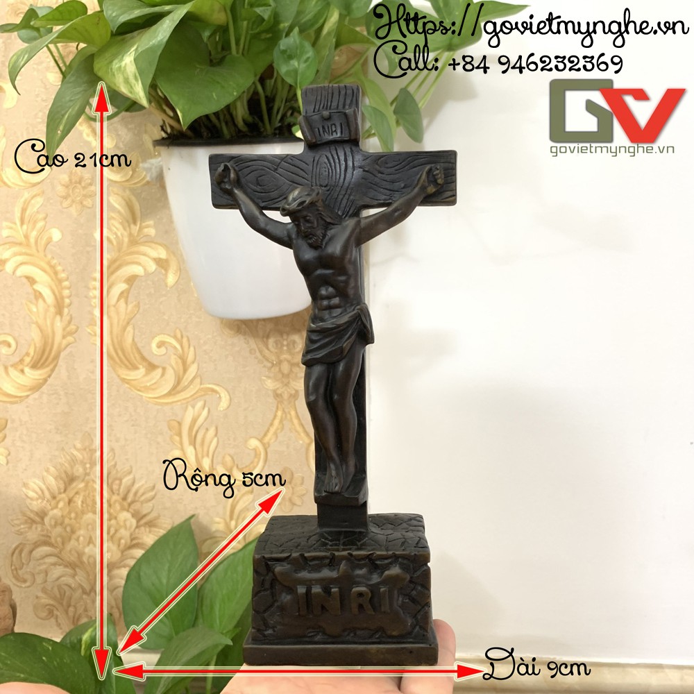 [Cây thánh giá] Tượng đá trang trí cây thánh giá hình chúa Jesus với chữ INRI - Chiều cao 21cm - Màu nâu đen