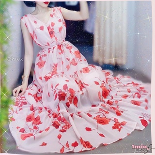 Maxi hoa cổ V bo chun eo-MR8190