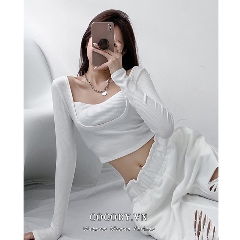 【Cocory】Áo croptop dệt kim form ôm tay dài trẻ trung hợp thời trang cho nữ