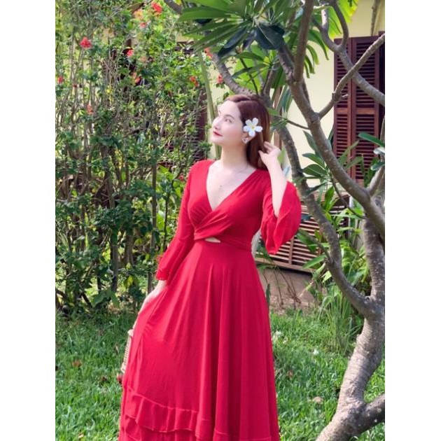 [Hàng sẵn🌼] Váy maxi gatô bèo chân váy cột ngực tay dài xoè chụp ảnh đi biển siêu xinh màu vàng/ đỏ/ trắng new ⚡ *