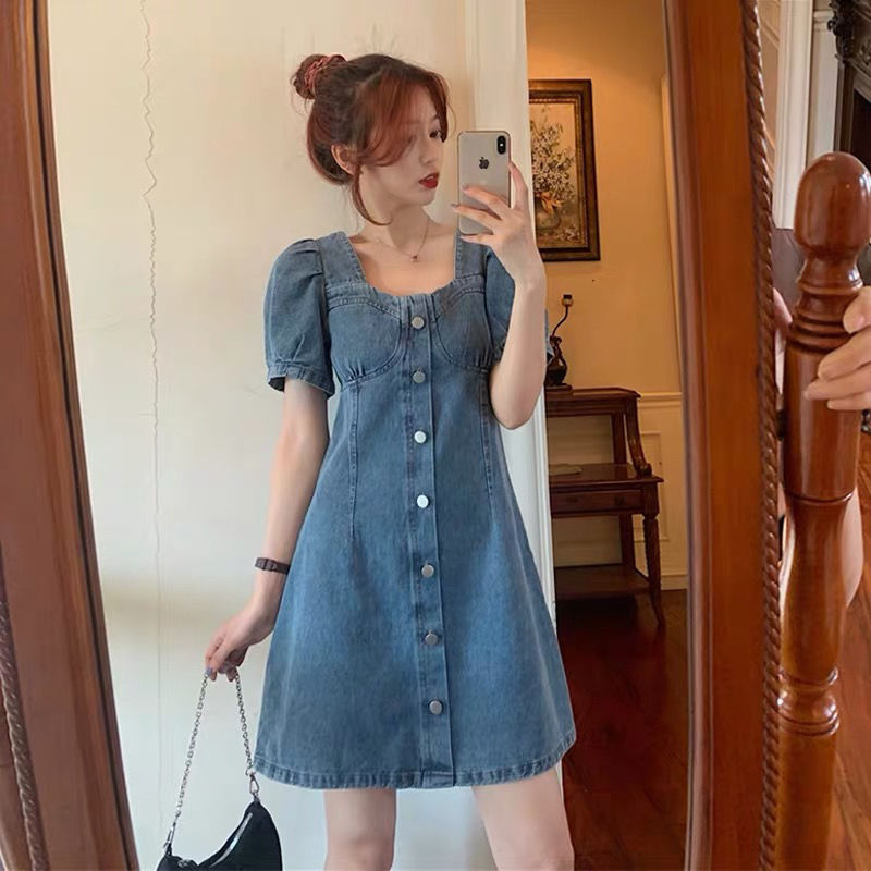 Đầm Denim Cổ Vuông Tay Phồng Thời Trang Retro Cho Nữ
