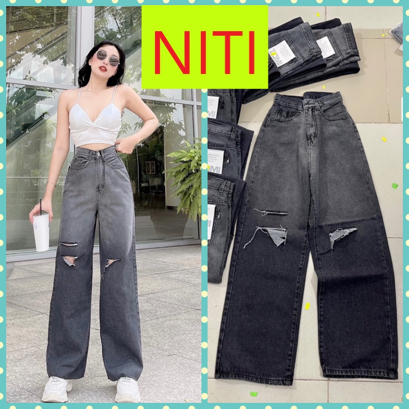 [ FOMO ] QUẦN JEANS ỐNG RỘNG NỮ LƯNG CAO LOANG MÀU XÁM RÁCH 2 VẠT 1 SỌC LAI CUỐN VẢI DÀY DẶN MỀM MỊN CAO CẤP NITIQC
