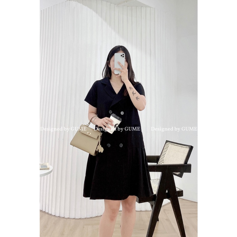Váy Bầu Thu Đông - Đầm Bầu GUME màu đen cổ vest, đuôi xếp ly chất tuyết mưa dày dặn MB207 - ảnh thật