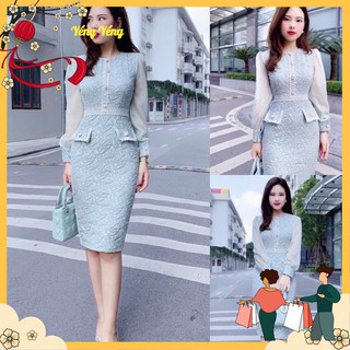 Váy body xốp xanh phối tay voan tơ