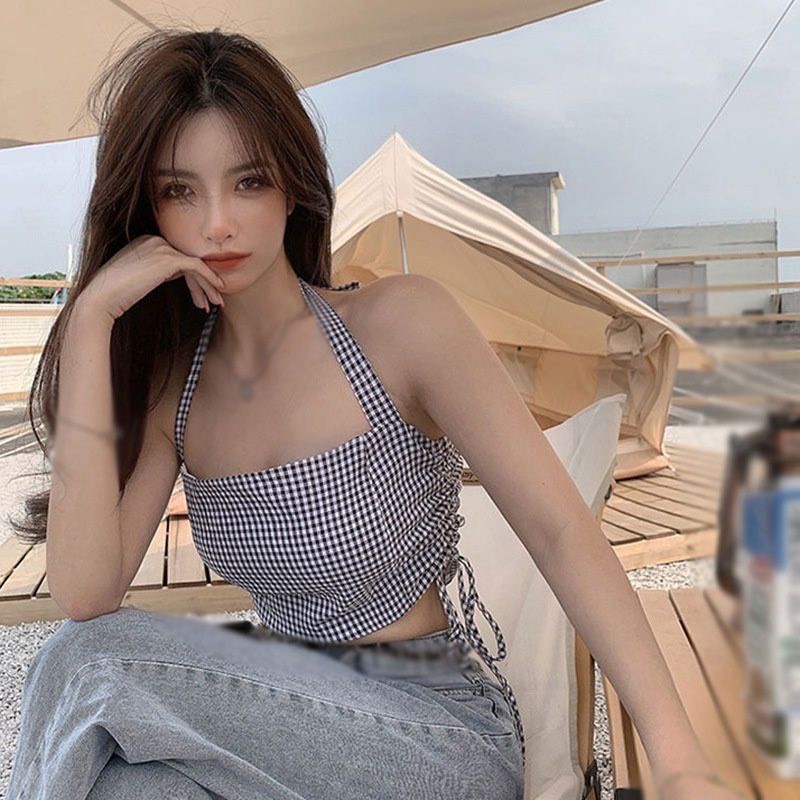 Áo croptop cổ yếm kẻ caro trẻ trung, áo yếm ulzzang