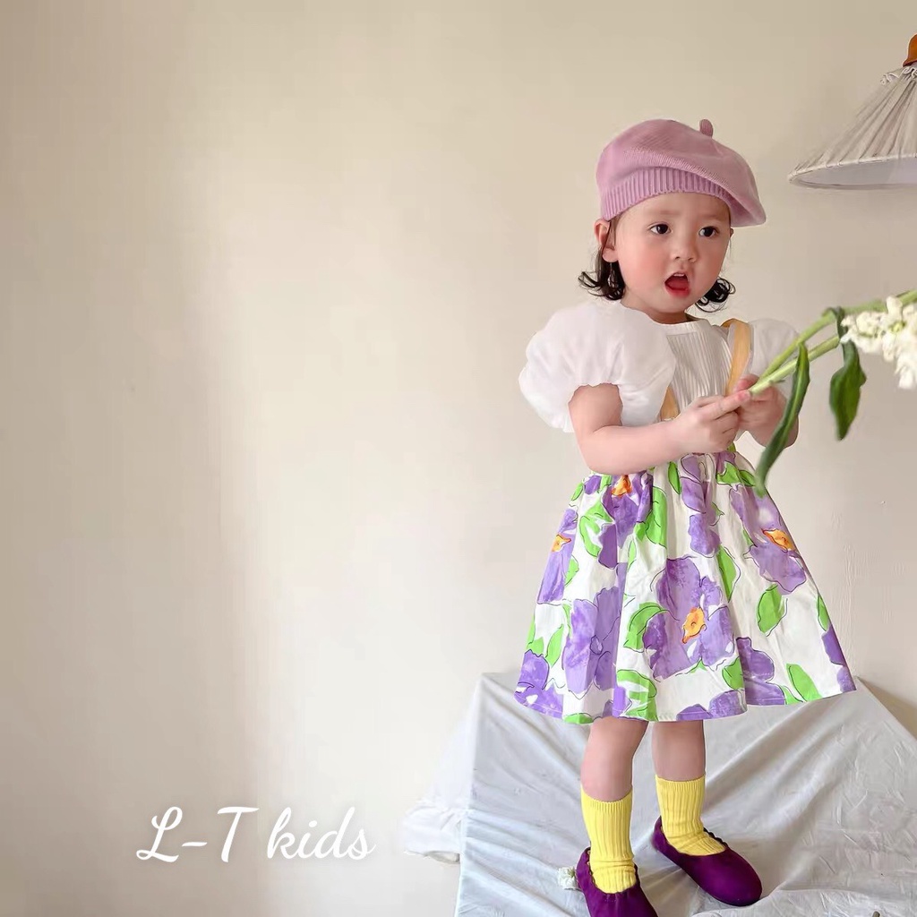 Sét áo tăm tay bồng bom cực điệu kèm váy thô hoa cho bé gái