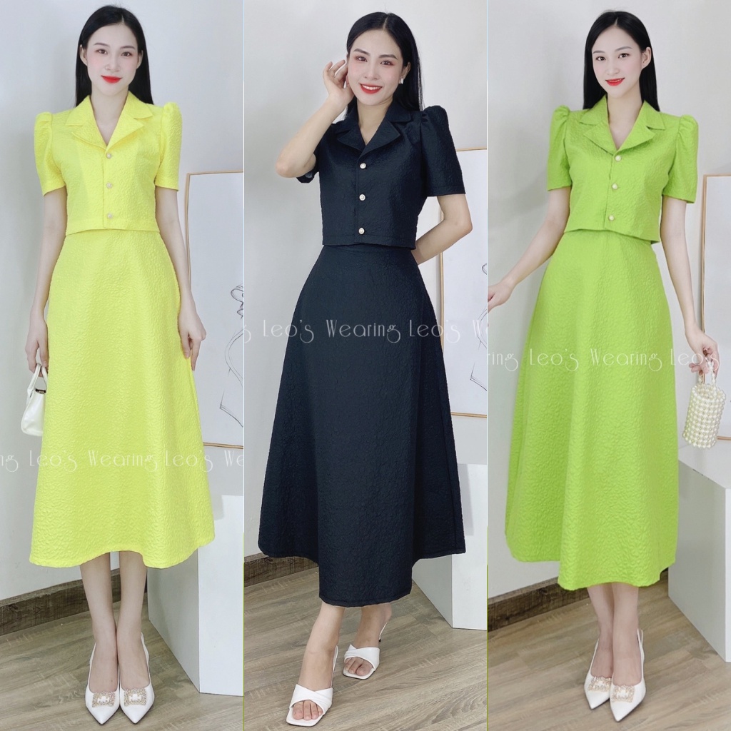 Set váy nữ hàn quốc LEOSWEARING chân váy xòe lưng cao mix áo sơ mi croptop cổ vest tay ngắn l713 l716 l718