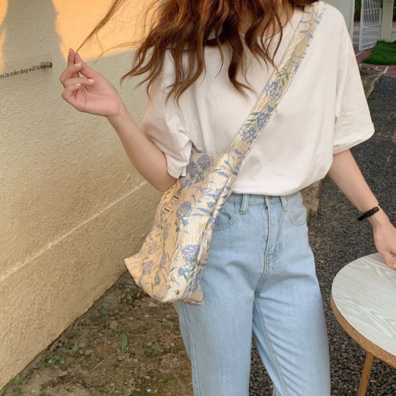 Yoioi Túi Xách Đeo Dưới Cánh Tay Họa Tiết Hoa Màu Xanh Dương Vintage Cho Nữ