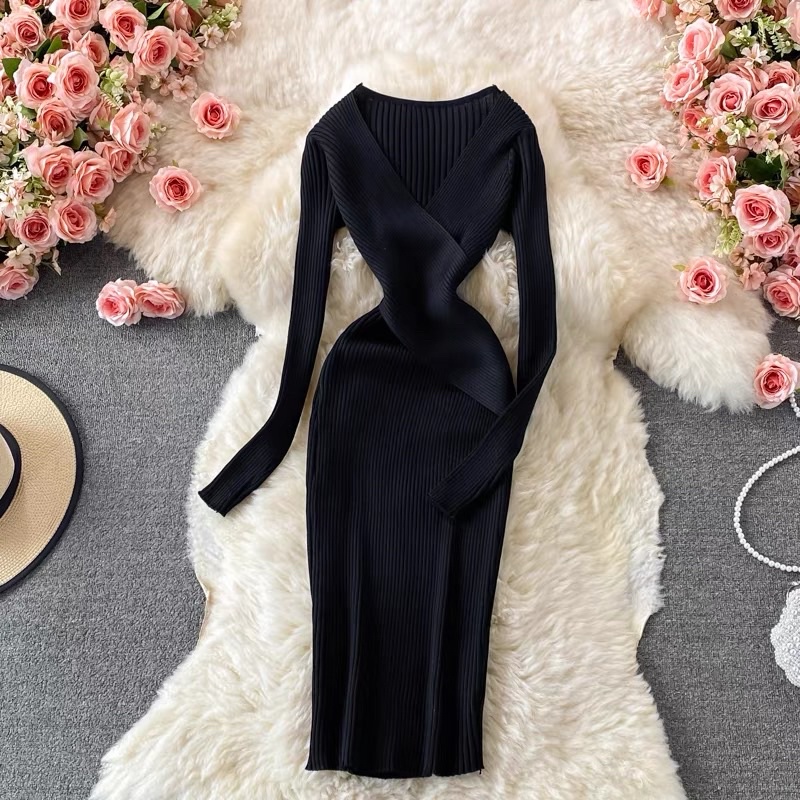 Đầm cổ đắp chéo, đầm body tay dài hot girl thiết kế