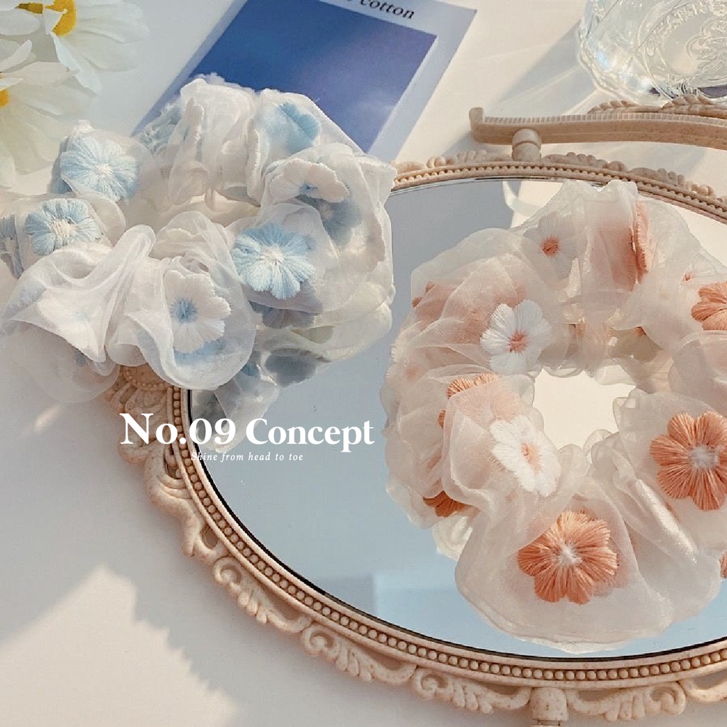 Dây cột tóc scrunchie trong suốt hoa nhí dễ thương vintage, phụ kiện tóc No09 Concept CBT008