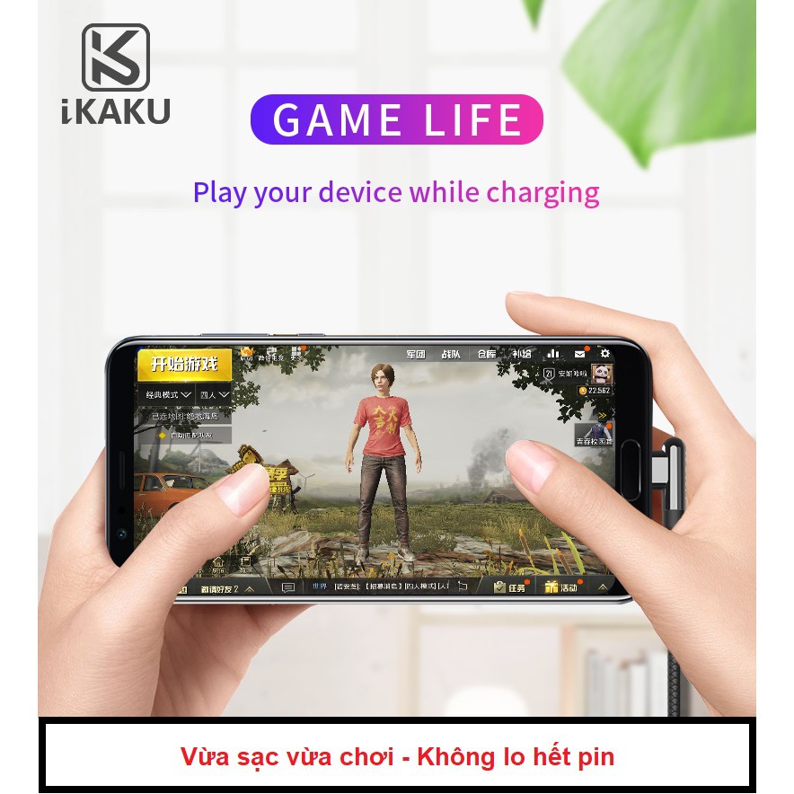 Cáp sạc chơi game iphone lightning KAKU - Sạc nhanh 3.2A - USB 2 cạnh - đầu vuông góc