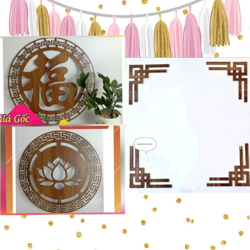 Tranh, tấm hoa sen, chữ phúc hán ốp 4 góc ban thờ trang trí bàn thờ, decor dán tường
