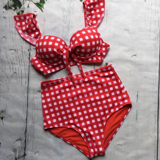 Bộ bơi bikini cánh tiên sọc caro thiết kế cạp cao