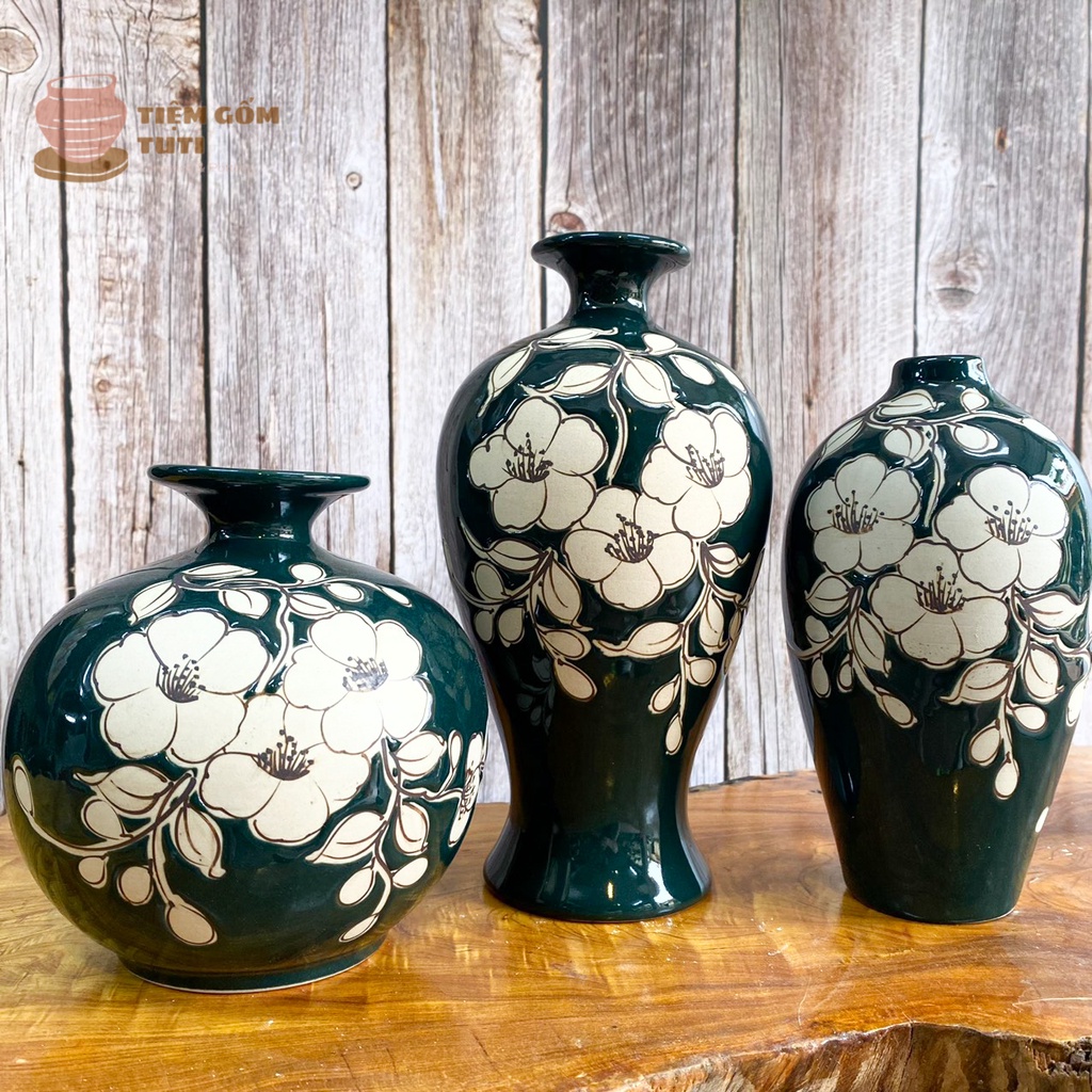 Lọ Hoa Decor Bộ Bình Hút Lộc - BÁT TRÀNG men bóng vàng đỏ cô-ban , họa tiết hoa vẽ tay cao 25,19,15cm - GỐM SỨ TUTI