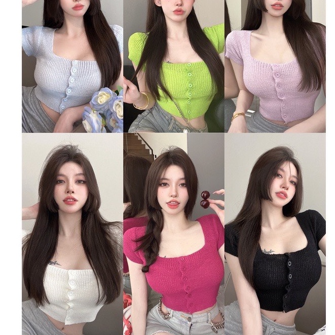 Áo croptop cúc dọc len mongtogi siêu co dãn nhiều màu xinh duyendel