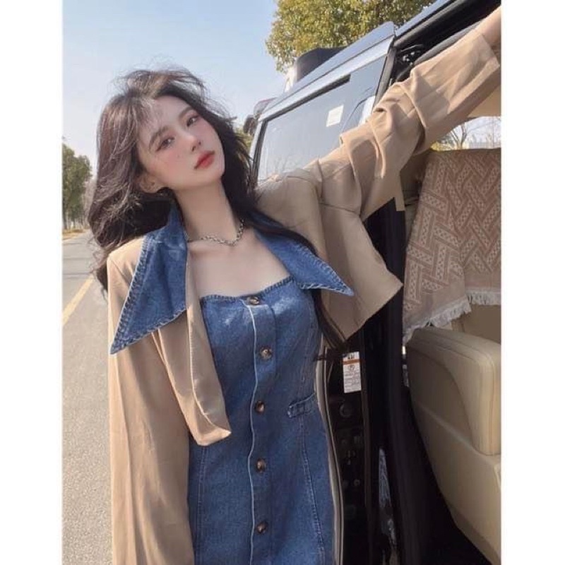 Đầm hai dây jean denim ngắn nữ trơn suông kèm Áo khoác ngoài croptop jean tay dài có cổ - Order