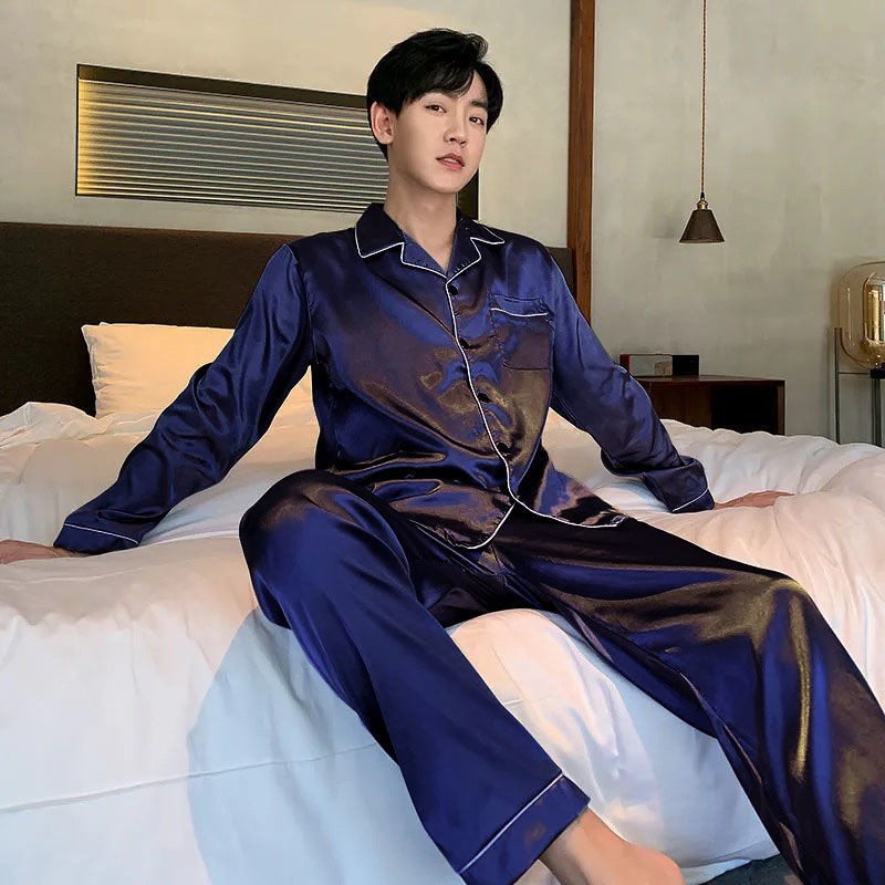 đồ ngủ nam mùa xuân và hè băng lụa dài tay phần mỏng mô phỏng thanh niên thu / đông cộng với kích thước dịc