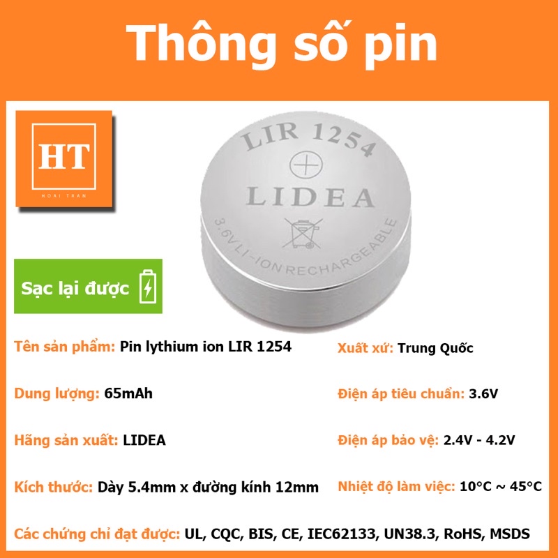 Pin Li-ion 3,6V 65mAh LIR1254 cho tai nghe Samsung galaxy Buds và các loại tai nghe Bluetooth TWS