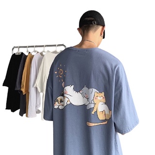 Áo phông nam form rộng chất cotton in hình mèo đáng yêu