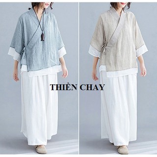 Bộ đồ đi lễ chùa Thiền Chay, trang phục ngồi thiền và tập yoga vải đũi mềm 2 lớp cổ chéo