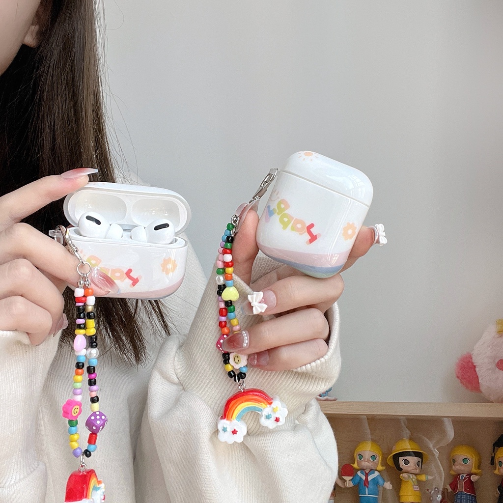 Vỏ bảo vệ hộp sạc tai nghe SPRISE silicon cứnghọa tiết cầu vồng có dây đeo thích hợp cho Airpods 2/Pro/3