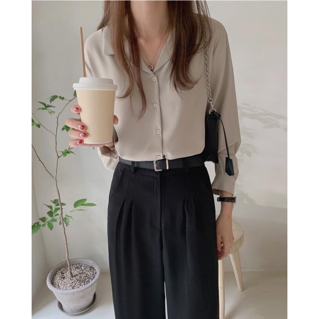 Áo sơ mi chiffon SUXI tay dài cổ vest 6 màu phong cách Hàn Quốc đơn giản cho nữ