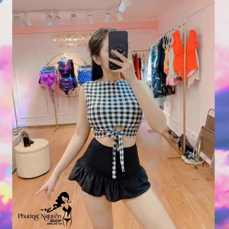 bikini đồ bơi ba lỗ kẻ caro chân váy cạp cao giấu bụng mỡ kín đáo hàng cao cấ | BigBuy360 - bigbuy360.vn