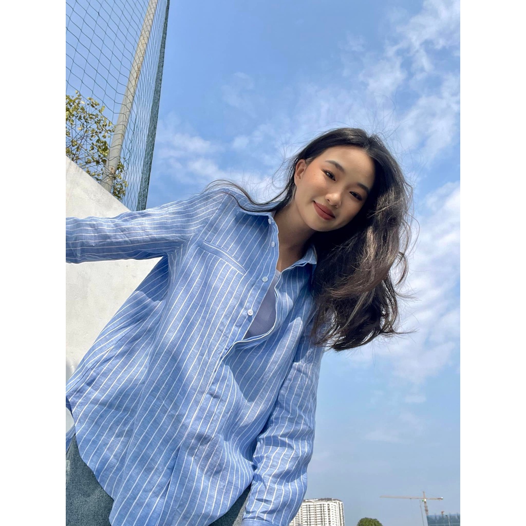 TheBlueTshirt - Áo Sơ Mi Nữ Vải Lanh Xanh Dương Sọc Trắng - Nature Linen Shirt - 100% Linen Blue Stripe