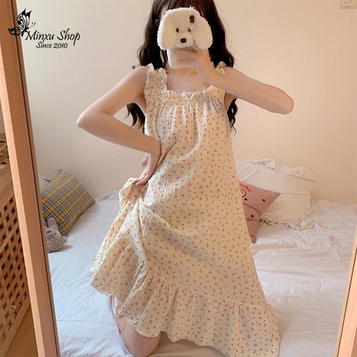 Đầm ngủ mặc nhà hai dây pijama chất vải xốp nhẹ mát, họa tiết xinh xắn Minxu shop V925