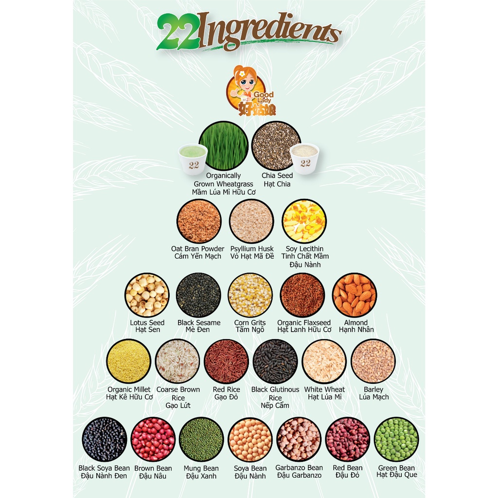 Bột ngũ cốc dinh dưỡng Singapore 22 loại hạt - Mầm lúa mì - 22 Nutrimix Complete Wheat Grass (750g)
