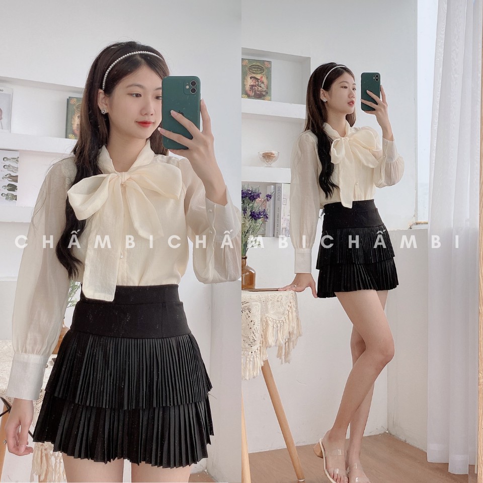 Áo Sơ Mi Voan Cổ Nơ To Bản Hàng Cúc Ngọc Siêu Xinh Freesize<52Kg - A.165 | BigBuy360 - bigbuy360.vn