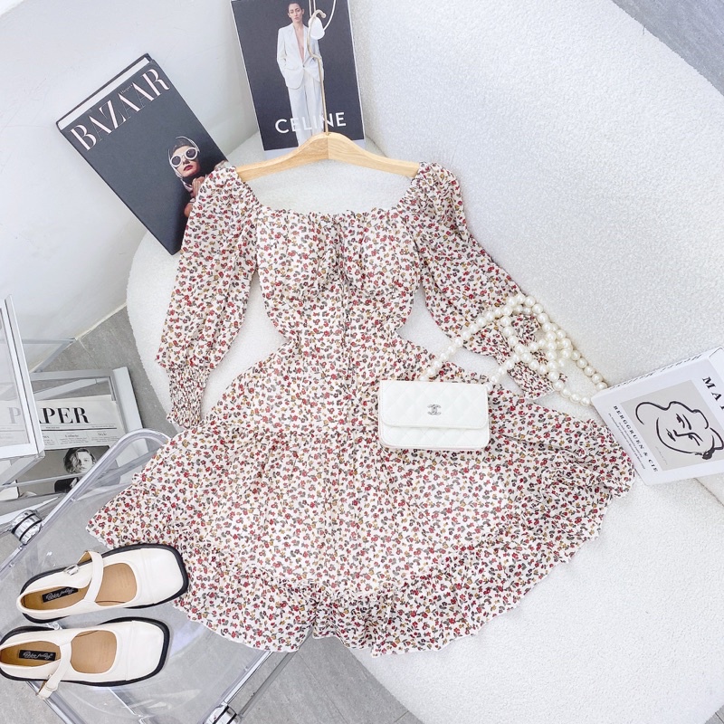 ĐẦM HOA CÚP NGỰC TAY DÀI BO XOÈ