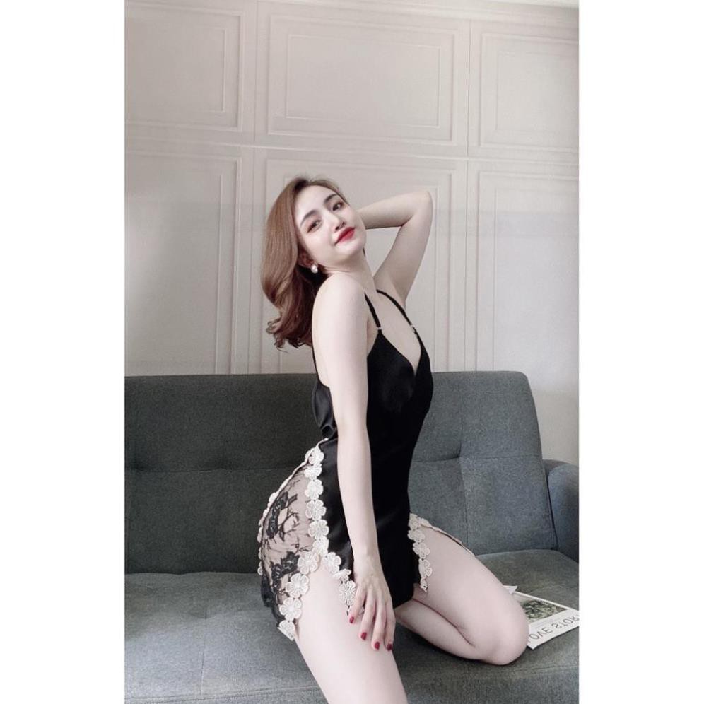 Váy Ngủ Sexy, Đầm Ngủ 2 Dây Kèm Quần ( Có Mút Ngực ) Chất Lụa Satin Phối Ren Hông Sexy Quyến Rủ, Gợi Cảm. | BigBuy360 - bigbuy360.vn