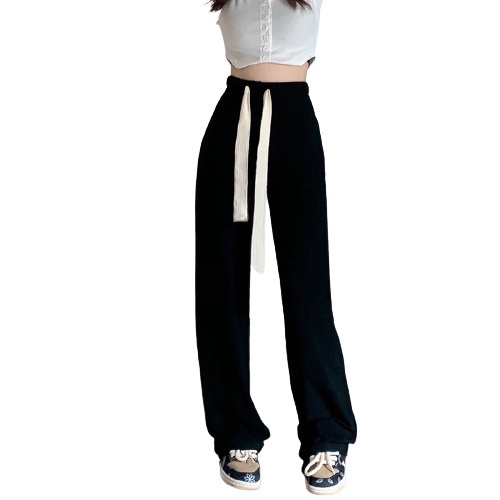 QKOOLE Quần Dài Lưng Cao Ống Rộng Màu Đen Phong Cách Hàn Quốc Cho Nữ