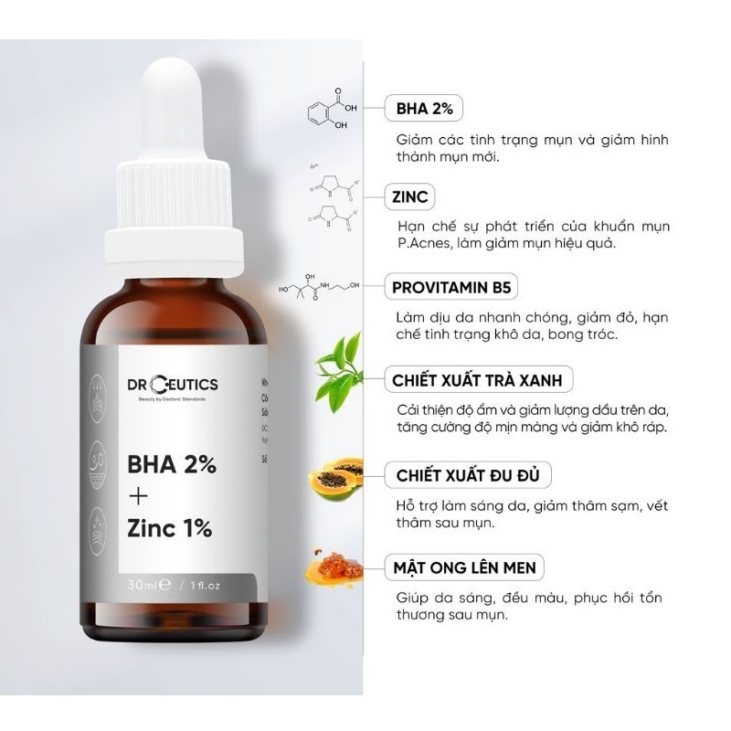 Serum BHA 2% + ZinC 1% DrCeutics Giảm Mụn Và Giảm Sưng Mụn 30ml