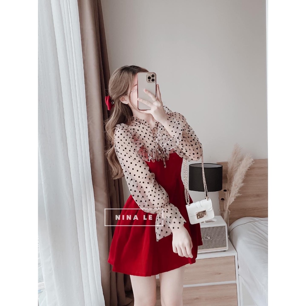 Đầm tay dài phối lưới chấm bi kết hợp với cột nơ xinh xắn, dễ thương thời trang nữ dành cho các nàng đi chơi,dự tiệc | BigBuy360 - bigbuy360.vn