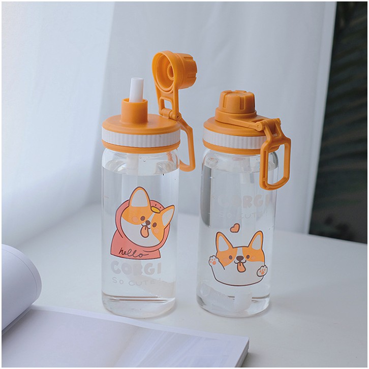 HCM - Bình thủy tinh chó Corgi hoạt hình 500ml có ống hút cho bé