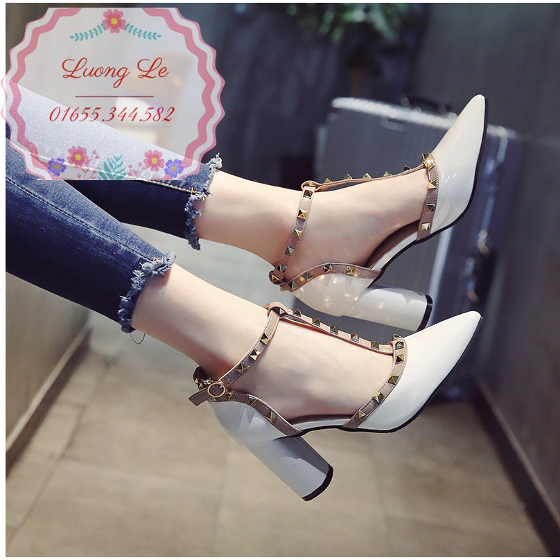 Giày đế vuông 8cm da bóng cải đinh 4 màu đen trắng, tím, xám Ms 81