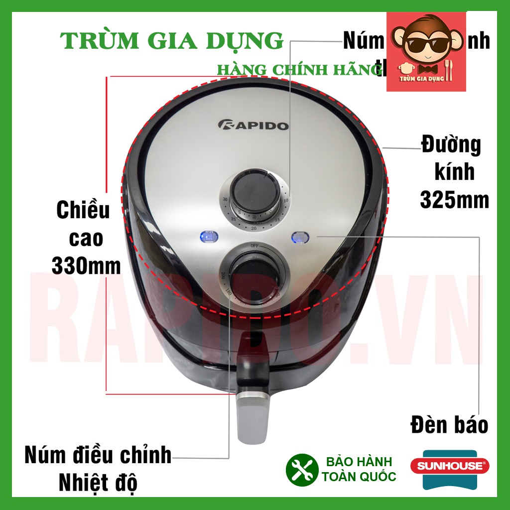 Nồi chiên không dầu Rapido 5L, nồi chiên không dầu thương hiệu Đức bảo hành 12 tháng toàn quốc.