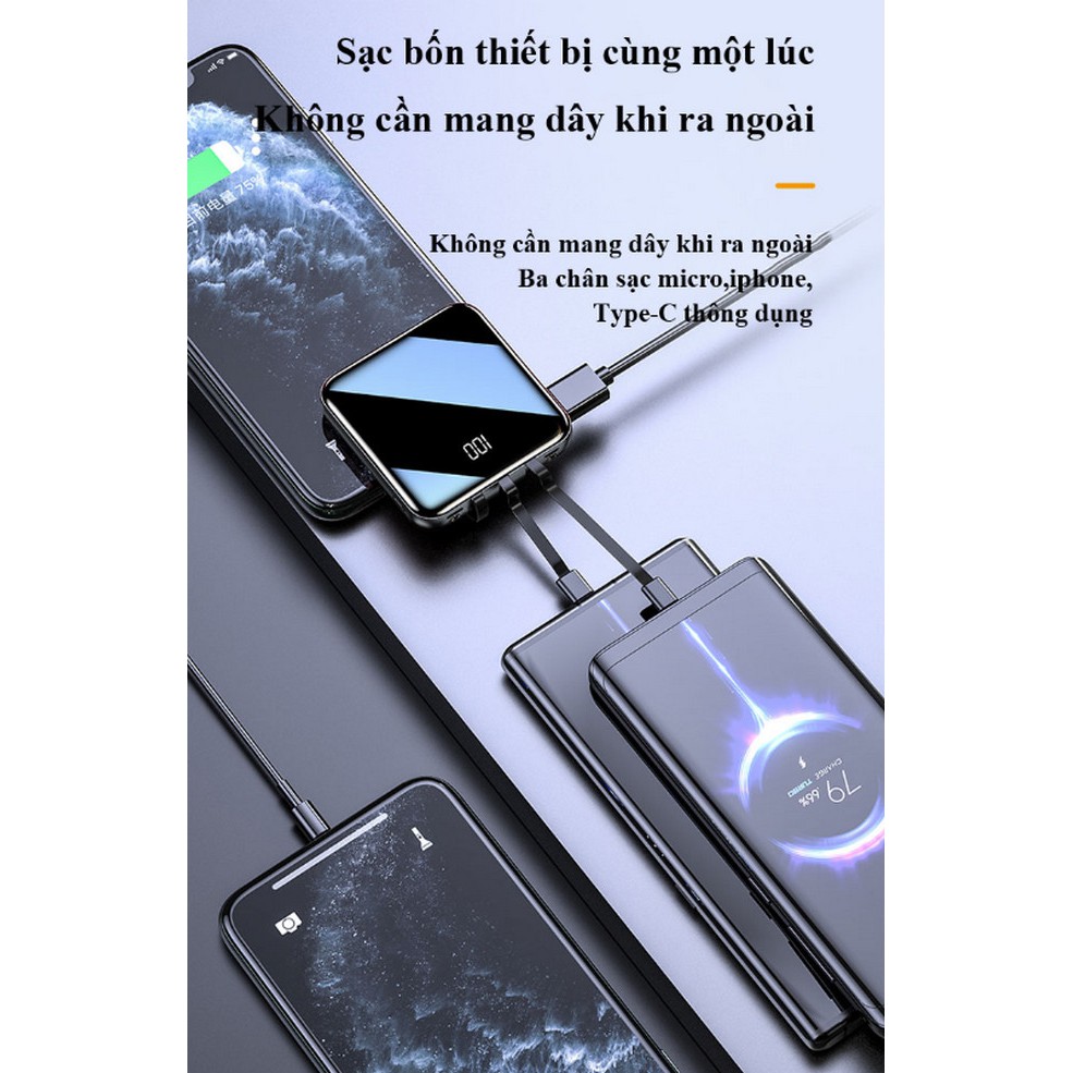 Pin sạc dự phòng mini tích hợp 3 cáp sạc Lightning Type-C  Micro đa năng dung lượng lớn 10000mAH