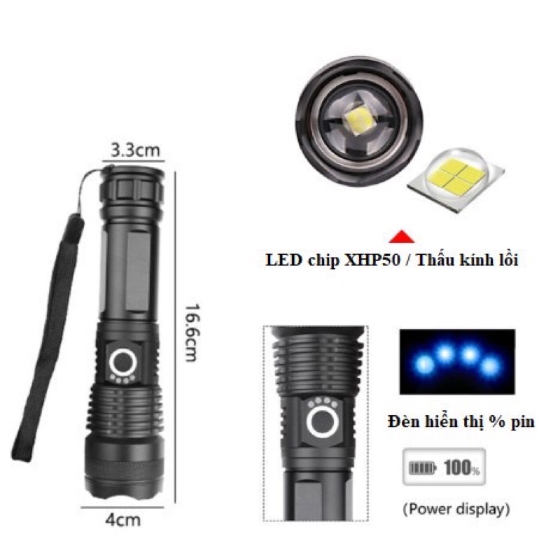Đèn Pin Siêu Sáng XHP50 Chống Nước Zoom Xa Gần