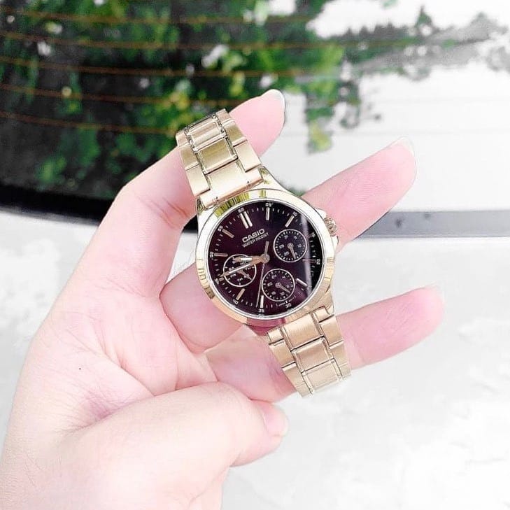 Đồng hồ Đôi Nam nữ Casio V300G, đồng hồ chính hãng, dây thép màu vàng mặt 6 kim