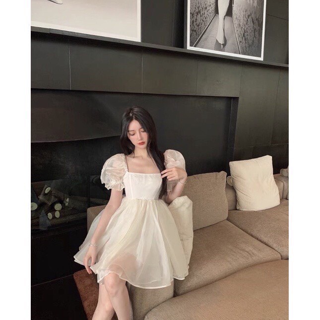 Váy công chúa cổ vuông tay bồng chất voan 2 lớp- Đầm babydoll nữ xòe về 2 màu trắng đen phong cách ulzzang