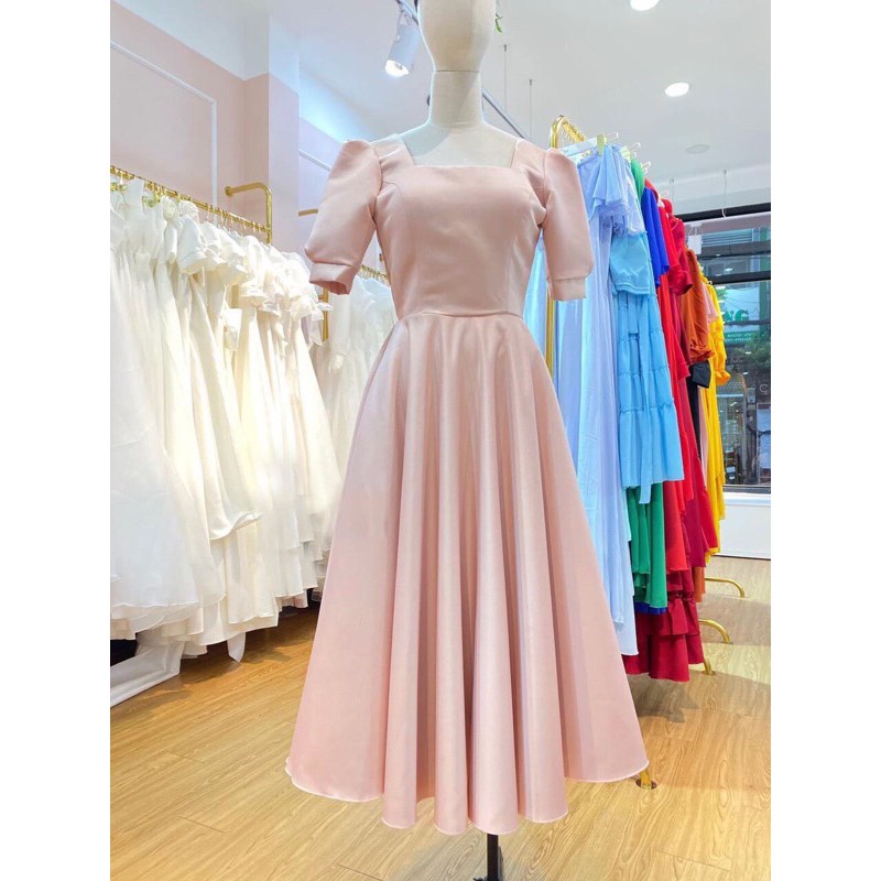 Đầm xòe cổ vuông hở nơ lưng gợi cảm chất phi lụa taffeta sang trọng siêu xinh TRIPBLE T DRESS - size M/L - MS109Y