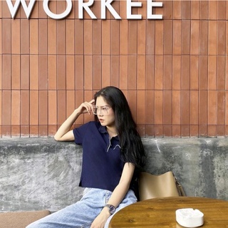 Thanh lý áo croptop có cổ kiểu polo IVYMODA màu xanh