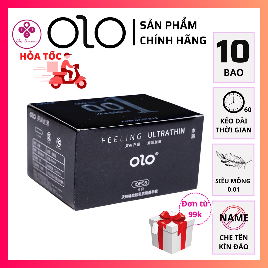 Bao cao su siêu mỏng kéo dài thời gian OLO 0.01 bcs hộp 10 chiếc