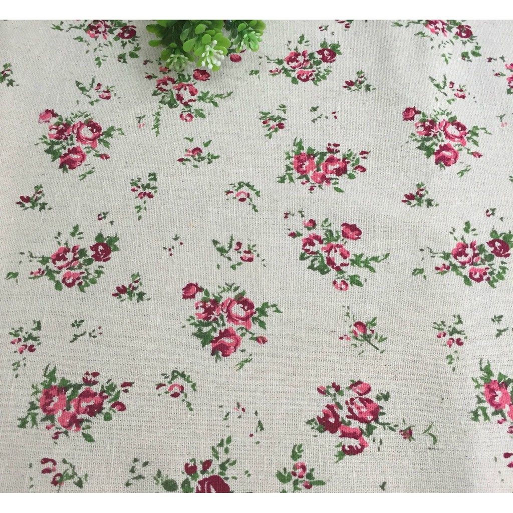 Vải linen họa tiết Hoa nhí hồng tím lá xanh V-A09